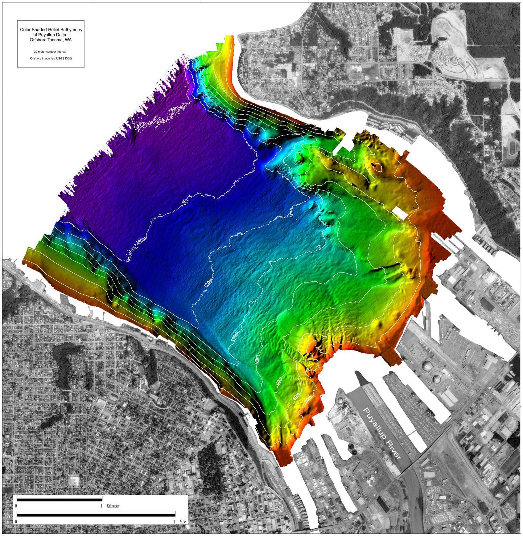 Puyallup delta image, colored shaded-relief bathymetry