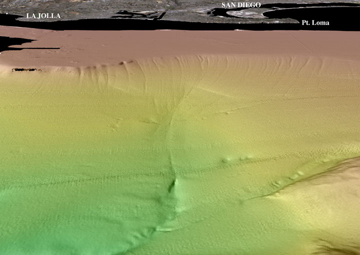 Perspective view of San Diego multibeam bathymetry; see caption below.