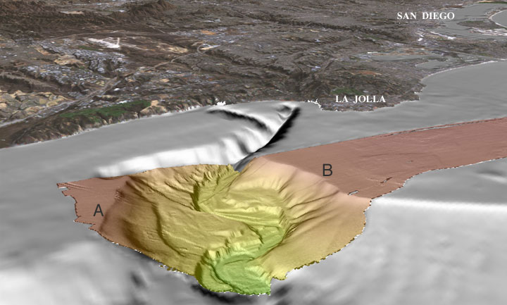 Perspective view of San Diego multibeam bathymetry; see caption below.