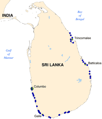 Map cartoon, locations of sites where the survey team made measurements, map of Sri Lanka