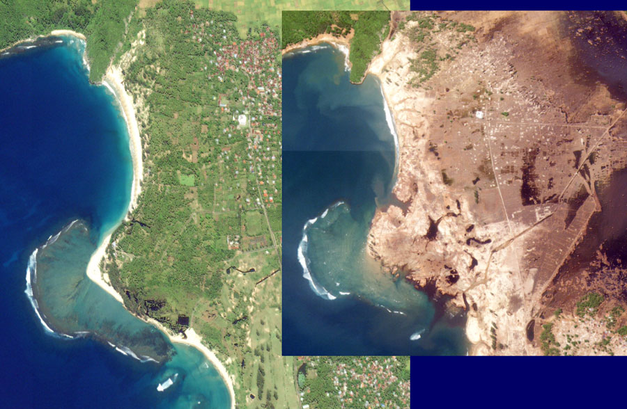 Satellite photos of Lampuuk showing before-tsunami and after-tsunami beach sand