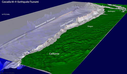 Screen shot of an animation of a hypothetical tsunami triggered by a magnitude-9 earthquake in the Cascadia Subduction Zone.