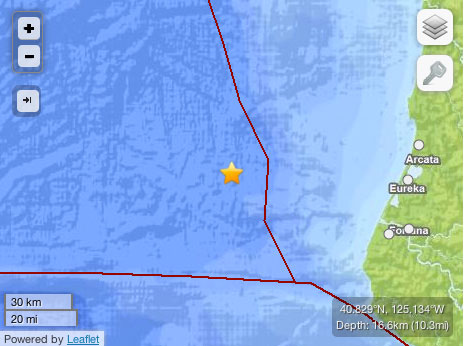 Location of epicenter of earthquake offshore of northern California on March 9, 2014.