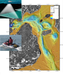 Map showing high-resolution bathymetry of the seafloor surrounding the Skagit Delta. These data, along with underwater video, photographs, and dive surveys, allow classifications of habitats to be made to quantify the distribution of habitats and marine resources.