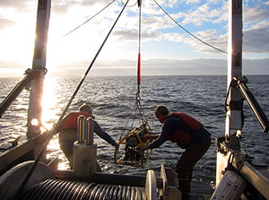 Photo of scientists deploying instrumentation off stern of boat.