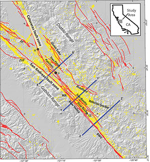 Figure 1 from USGS Tectonics paper on the junction between the San Andreas and Calaveras faults, reprinted in a KQED blog about the paper. Red lines are active faults; yellow dots are earthquake locations; H marks the town of Hollister.