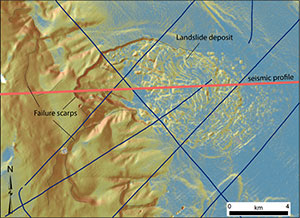 Shaded relief bathymetry draped draped by slope gradient, warm colors indicate steep slope, cool colors indicate gentle slope.