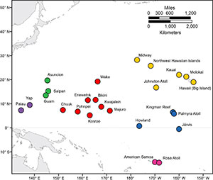 Map showing the locations of the 25 modeled points within the tropical Pacific Ocean used in this study.