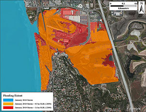 Potential influence of sea-level rise on storm flooding in Del Mar, California, as calculated by the Coastal Storm Modeling System.