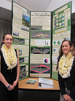 Hawaii State Science and Engineering Fair award winners Lily, left, and Sarah, right, Jenkins, of Molokai High School. Photograph by Mahealani Bambico; used with permission.