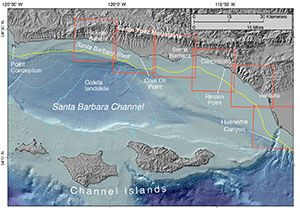 Map of Santa Barbara Channel region, showing locations of six California Seafloor Mapping Program map sets (rectangles) and the outer boundary of Californias State Waters (squiggly line).