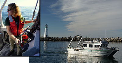 Photographs of Jenny steering the boat.