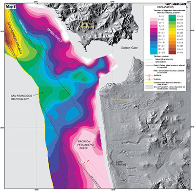 Map of sediment thickness in state waters offshore of San Francisco.