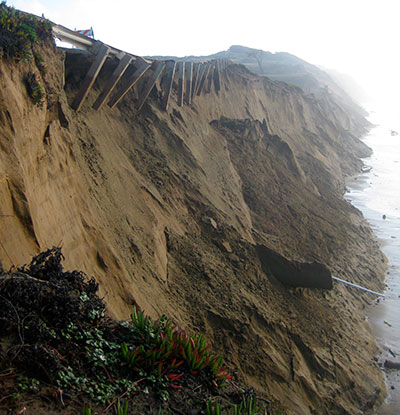 Bluff erosion during the 200910 El Nino undermined the Great Highway guardrail at the southern end of Ocean Beach. Photo by Jeff Hansen, USGS, 2010.