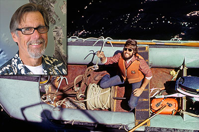 Photograph of George brandishing a grappling hook in a boat in Cook Inlet, Alaska, 1978. Inset: George in 2008, photo by Laura Zink Torresan.