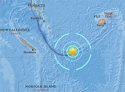 Epicenter of magnitude 7.2 earthquake that generated a small tsunami in the southwest Pacific Ocean on August 12, 2016.