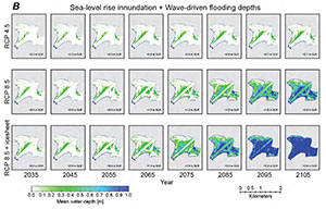 Illustrations, grid of 8 across by 3 rows, each row showing each stage of projected seawater depth for a given climate scenario.