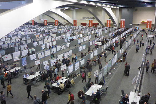 Photograph looking down on the large poster hall at the AGU Fall Meeting. Many rows of posters on boards with people reading and walking.