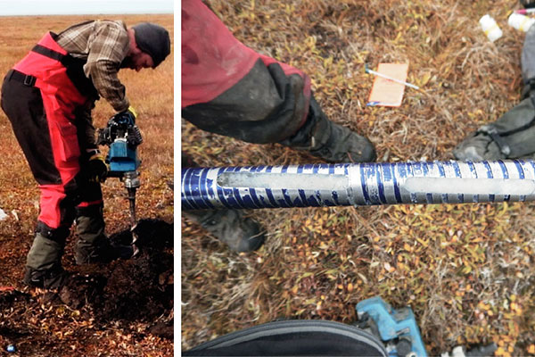 Left, Cordell Johnson drilling and coring the interior of the bluff to ground-truth geophysical methods. Right, a core section filled mostly with ice.