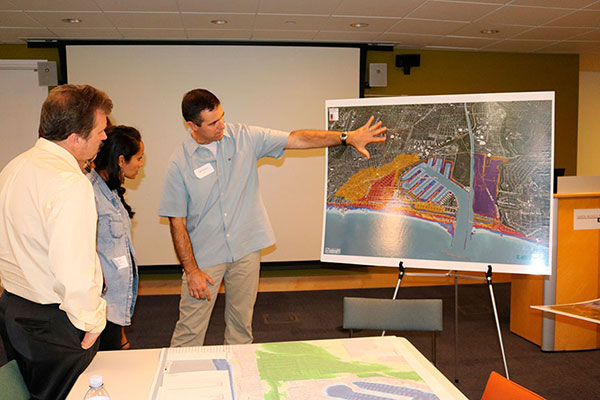 Patrick Barnard discusses some of the initial projections for Venice and Marina del Rey with City of Los Angeles planning officials at a recent Adapt L A meeting.