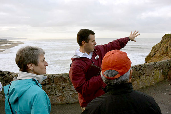 USGS geologist Patrick Barnard tells Secretary of the Interior Sally Jewell and San Francisco Mayor Ed Lee about the coastal hazards facing Ocean Beach.