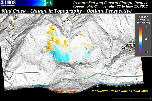 Graphic showing change in topography at the Big Sur landslide, from May 27 to June 13.