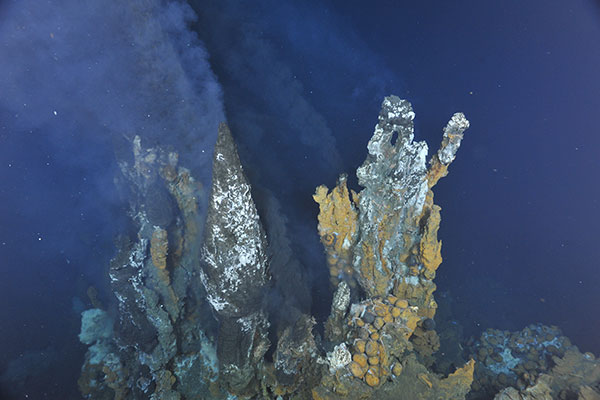 Photograph taken at ocean depth of about 1400 meters, of a black smoker at Niua Volcano in the South Pacific, courtesy of the Schmidt Ocean Institute and Canadian Scientific Submersible Facility.