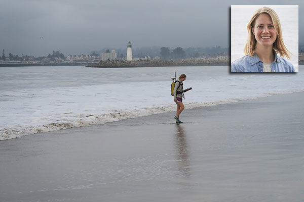 Christie surveys Twin Lakes beach during Fall 2016 with high resolution GPS mounted on a backpack to understand how sand moves along the coast.