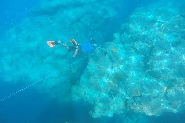 Photograph of Curt Storlazzi free-diving on a reef in Kauai.