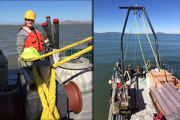 Photographs of USGS scientist Janet Watt, left, and the stern of research vessel Retriever, right.