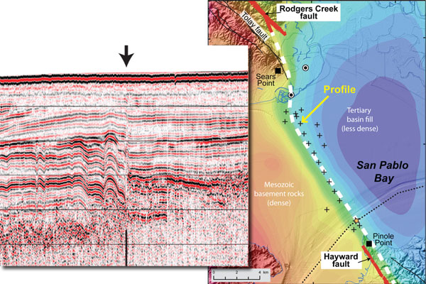 Seismic-reflection profile created by bouncing sound waves off sediment layers beneath San Pablo Bay, and variations in gravity caused by differences in rock density under the bay.