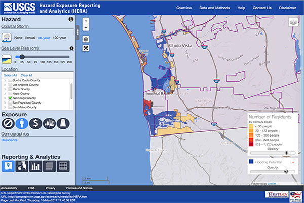 Screenshot, HERA displays number of residents and projected flooding for a 20-year storm at sea level 10 inches higher than today's in Imperial Beach, San Diego County.