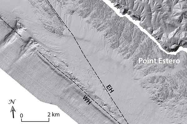 Two strands of the Hosgri fault, East Hosgri EH and West Hosgri WH, offshore of Point Estero, California, about 20 miles northwest of the Diablo Canyon Power Plant.