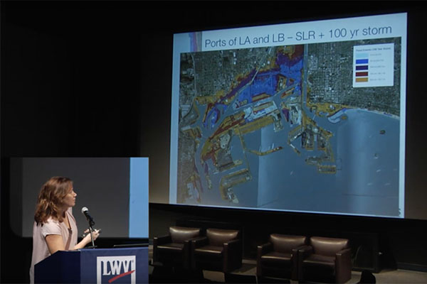 Juliette Finzi Hart, USGS, shows how much flooding a large storm combined with future sea-level rise would likely cause in the ports of Los Angeles and Long Beach.