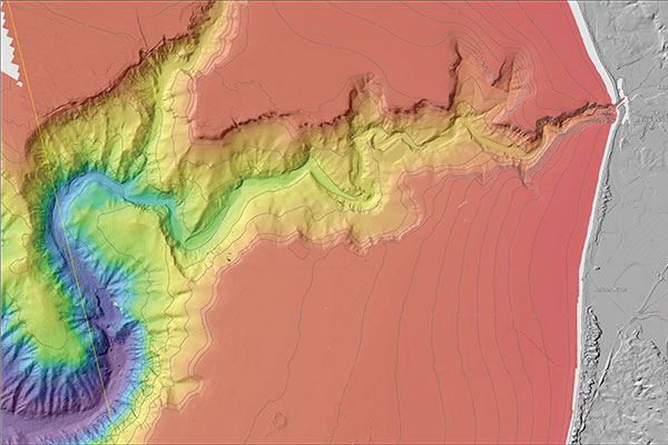 Map of the bathymetry of Monterey Canyon and the Soquel Canyon tributary.