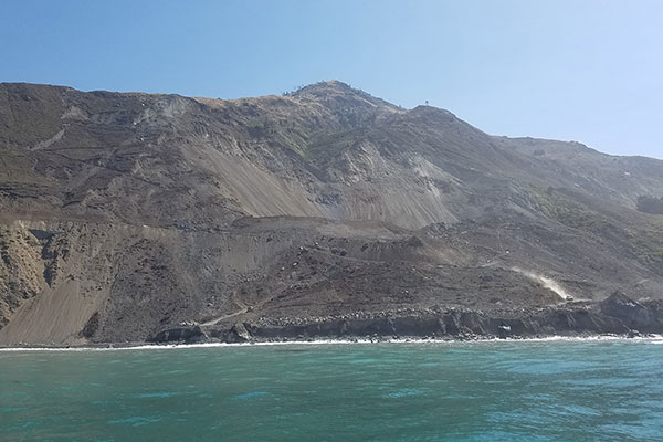 Photograph taken from offshore of the Mud Creek landslide, from the USGS vessell Snavely, on July 11, 2017.