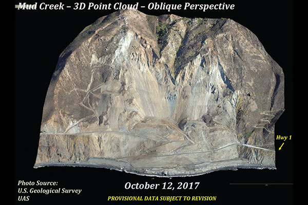 3D map of Mud Creek slide derived from video footage collected by drone on October 12, 2017.