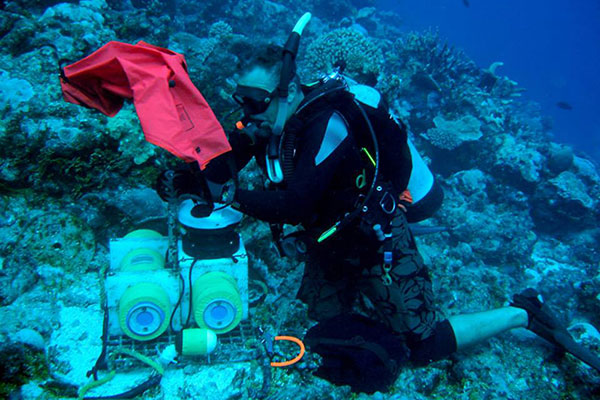 USGS scientific diver deploying an oceanographic instrument package in a patch of rubble on the coral reef off Roi-Namur Island, Kwajalein Atoll, in the Republic of the Marshall Islands.