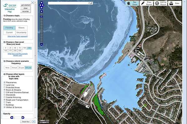 Screenshot from Our Coast, Our Future shows a map of the projection of future coastal flooding by the USGS-developed Coastal Storm Modeling System for Pacifica, California.