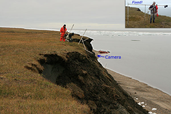 Photograph of scientists working to recover a fallen frame holding a time-lapse camera, on Barter Island, Alaska earlier in August 2016.