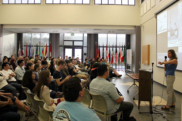 Nancy Prouty speaking at the Cañada College STEM Center.