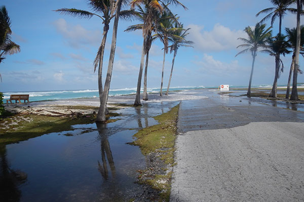 Wave-driven flooding and overwash on Roi-Namur Atoll, Republic of the Marshall Islands. Photo credit: Peter Swarzenski, USGS.