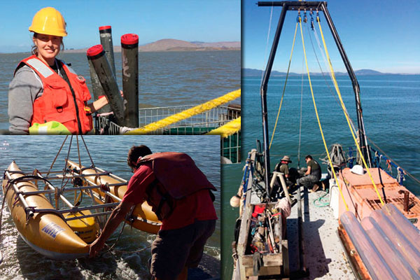 Photos of Janet Watt with core samples, the stern of shallow-draft barge Retriever, and Jackson Curry launching a chirp subbottom profiler.