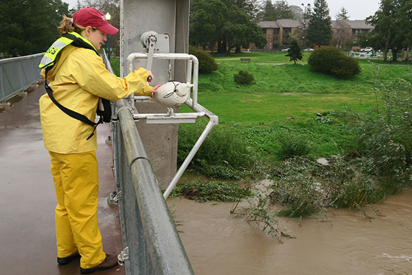 Photograph of Amy East ready to deploy water sampling device.