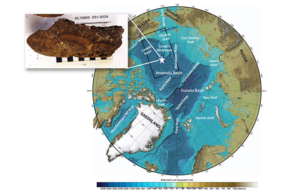 Bathymetry of the Arctic Ocean, with black rectangle delineating study area. White star marks site where sample in photograph was collected. Its cut surfaces show layers in Fe-Mn crust. Each square in scale beneath sample is 1 centimeter.