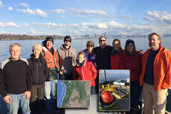 Photo collage of USGS and UW crew aboard research vessel Barnes, with inset map of Cascadia Zone and inset photo of gear used on the trip.