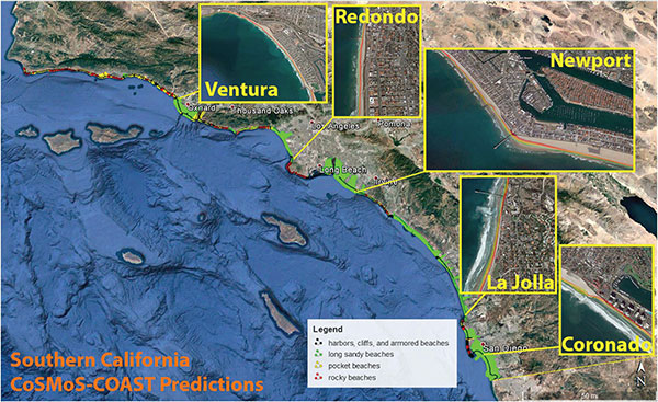 Figure shows predicted shorelines on five beaches in 2100 with 1 meter of sea-level rise. This is Figure 3 from a new publication.