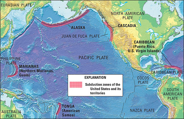 Map showing subduction zones around the Pacific Rim.