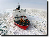Thumbnail photograph of Healy in sea ice; click for larger version.