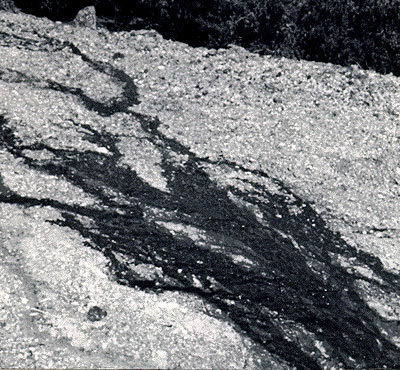 Photo of rock streaked with crude oil.